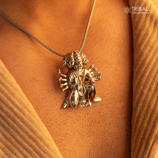 Sterling silver Lord Panchmukhi Hanuman pendant by TRIBAL ORNAMENTS, unisex handmade Hindu deity jewelry, detailed design.