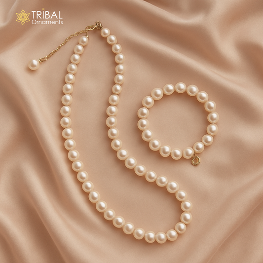 Round pearl beaded silver necklace set and bracelet gorgeous women's jewelry pnec07 - TRIBAL ORNAMENTS