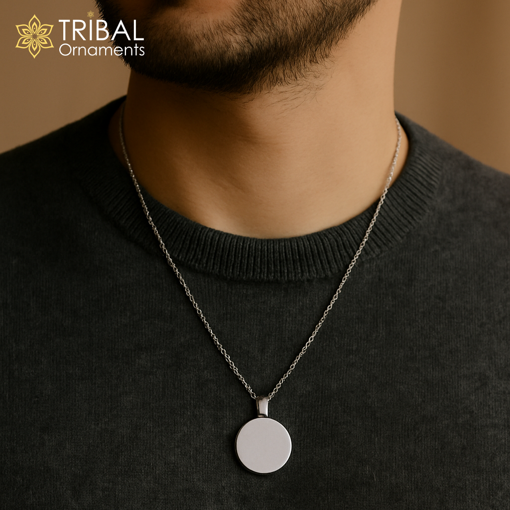 Sterling silver core disk pendant with customizable name print, unisex design by Tribal Ornaments, 925 sterling silver jewelry