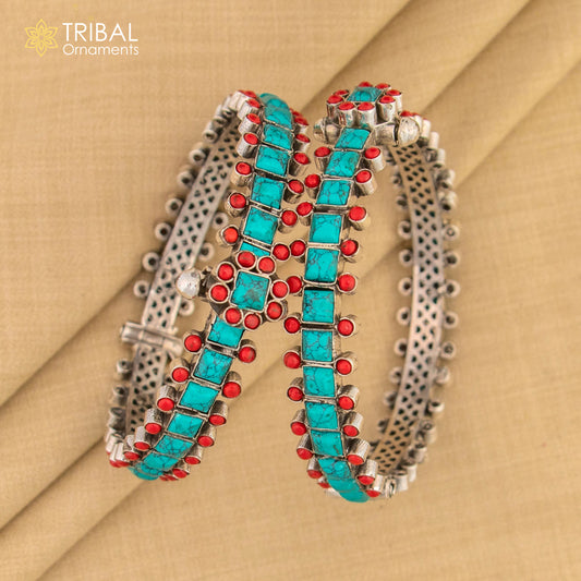 925 sterling silver customized design turquoise stone bangle bracelet with unique closure vintage tribal jewelry nsk817 - TRIBAL ORNAMENTS