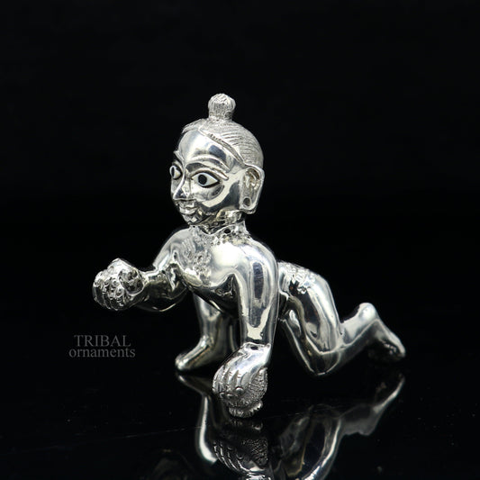925 sterling silver idol of divine Krishna Laddu Gopal, crawling Krishna statue figurine by TRIBAL ORNAMENTS.