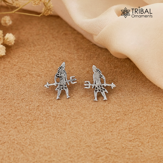 925 silver Lord Shiva stud earring with trident design from TRIBAL ORNAMENTS, featuring detailed Indian idol jewelry craftsmanship.