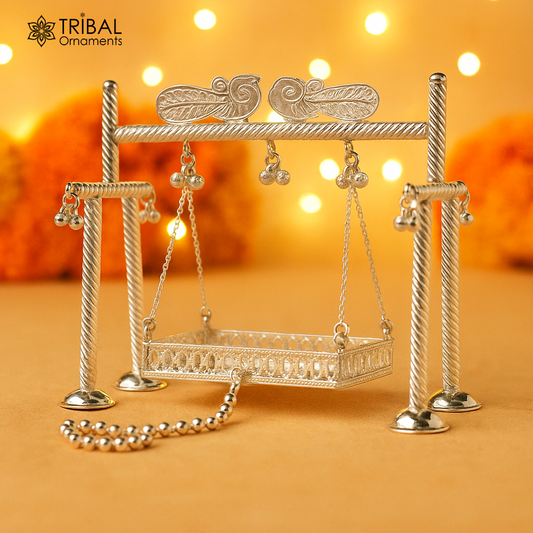 925 Sterling silver handmade Bal Gopala jhula depicting Little Krishna on a swing, detailed silver art for child Krishna palana.