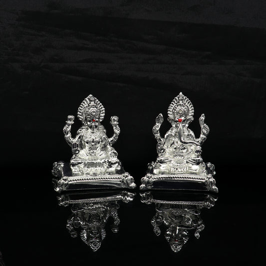Goddess Laxmi or lord Ganesha Outside Silver Covering Inside Wax and Marble Silver Idol W8 - TRIBAL ORNAMENTS