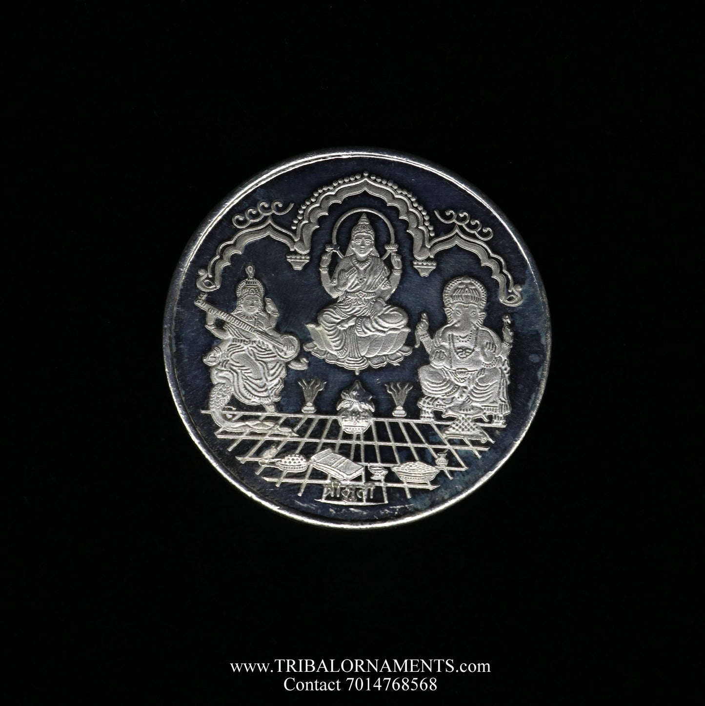 92.5 Silver Purity Ganesha + Lakshmi + saraswati 20 Gram Coin for diwali CN27 - TRIBAL ORNAMENTS