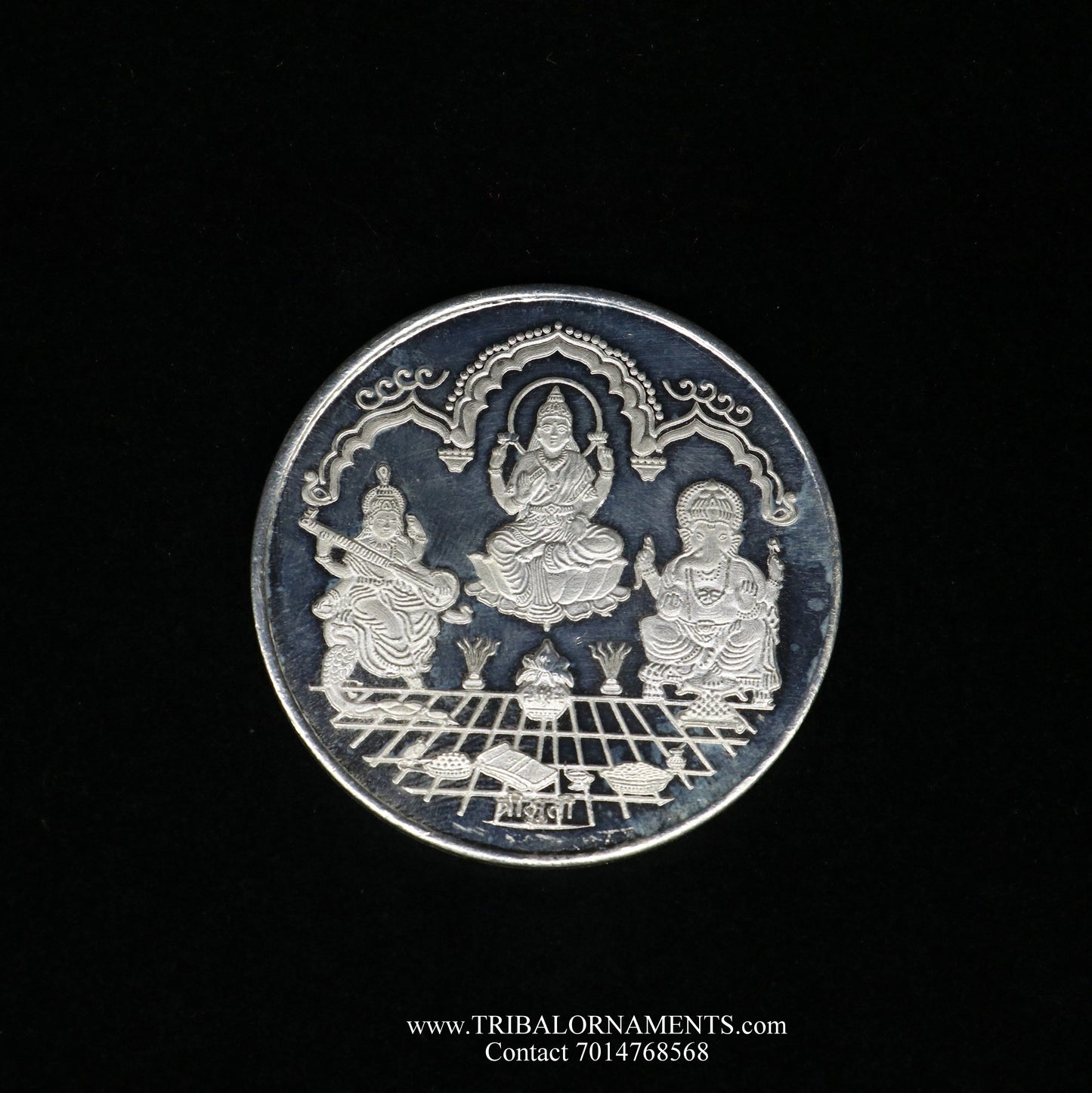 92.5 Silver Purity Ganesha + Lakshmi + Saraswati 50 Gram Coin for diwali CN17 - TRIBAL ORNAMENTS