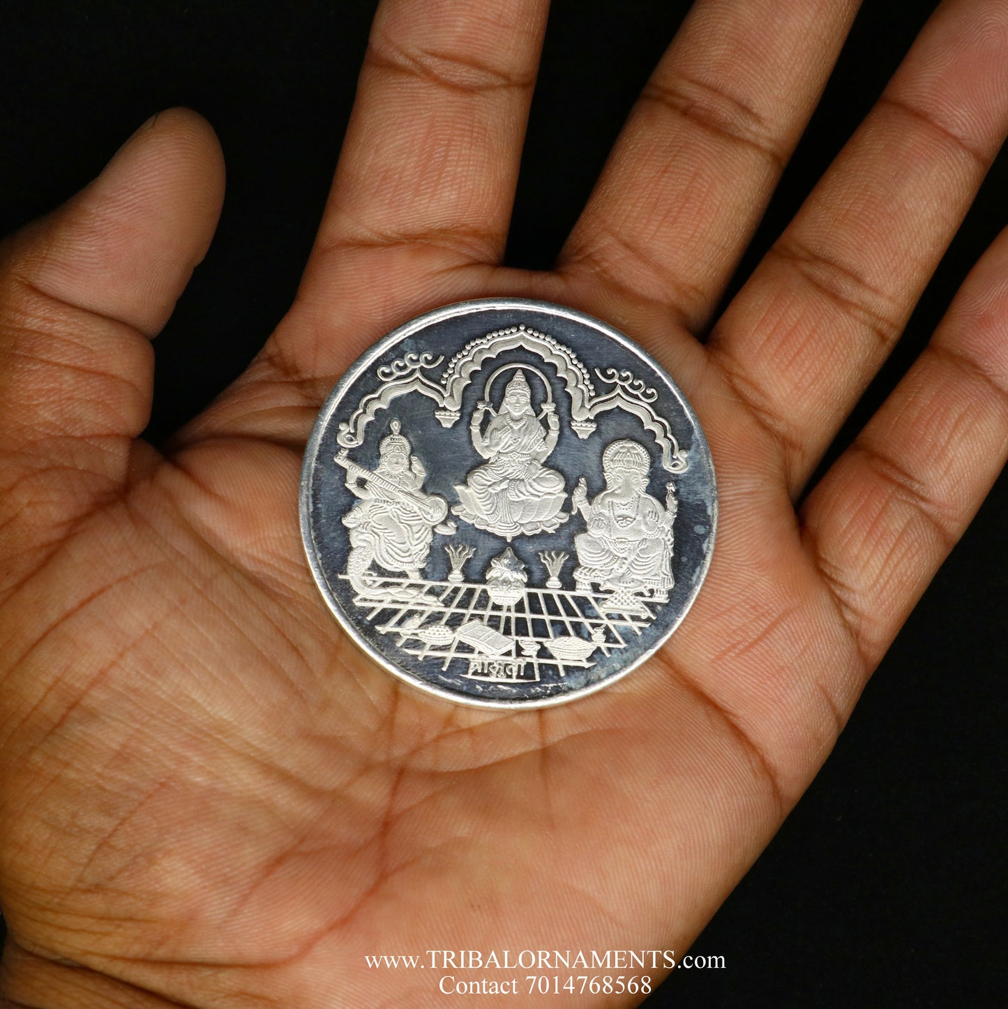 92.5 Silver Purity Ganesha + Lakshmi + saraswati 20 Gram Coin for diwali CN27 - TRIBAL ORNAMENTS