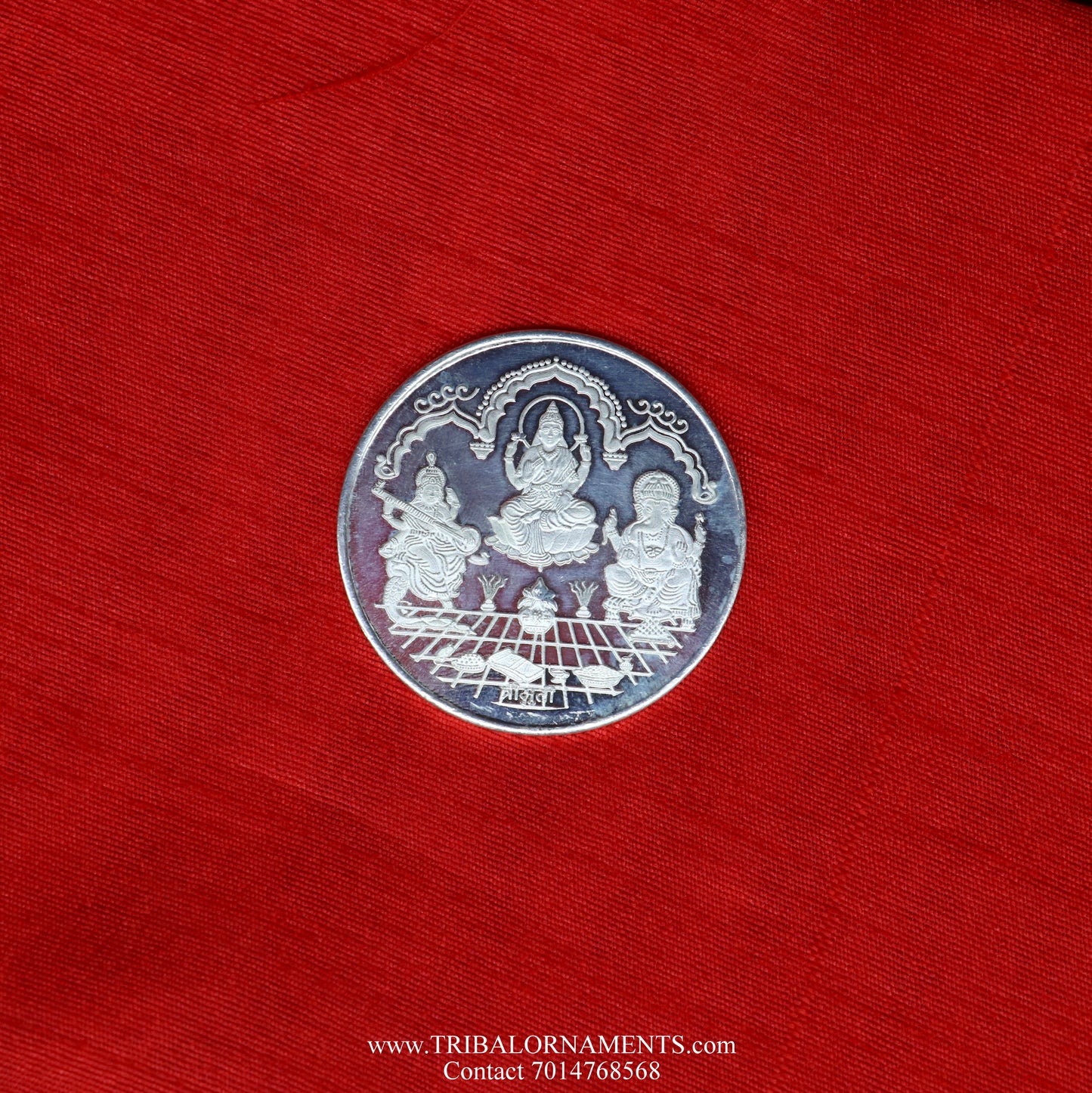 92.5 Silver Purity Ganesha + Lakshmi + saraswati 20 Gram Coin for diwali CN27 - TRIBAL ORNAMENTS