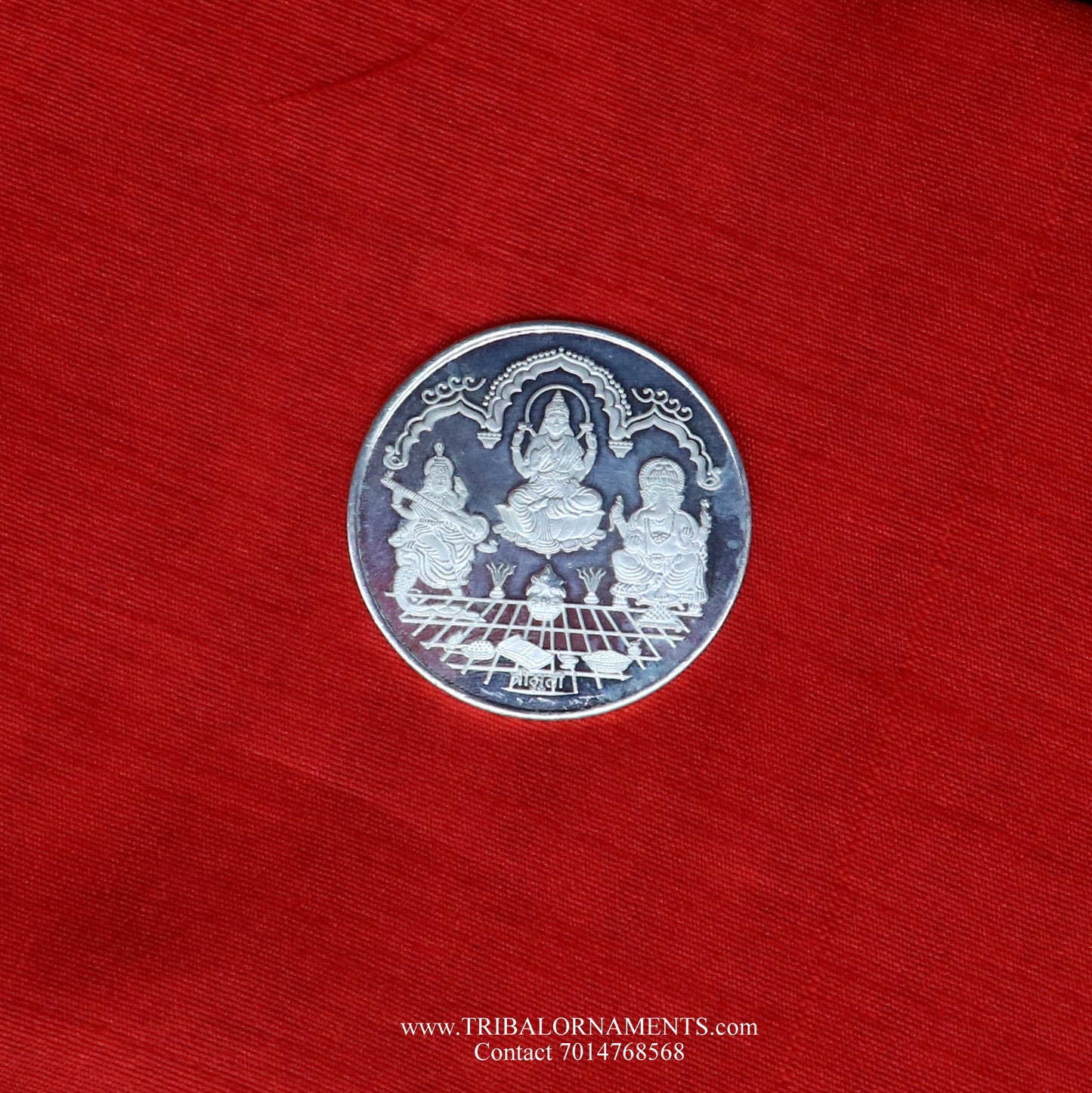 92.5 Silver Purity Ganesha + Lakshmi + saraswati 20 Gram Coin for diwali CN27 - TRIBAL ORNAMENTS