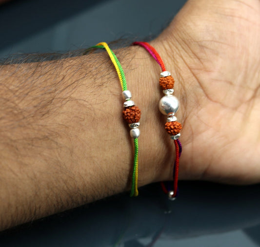 925 sterling silver custom design combo 2 piece Rakhi bracelet with rudraksha beads Best sibling rakhi for Festival Rakshabandhan rk134 - TRIBAL ORNAMENTS