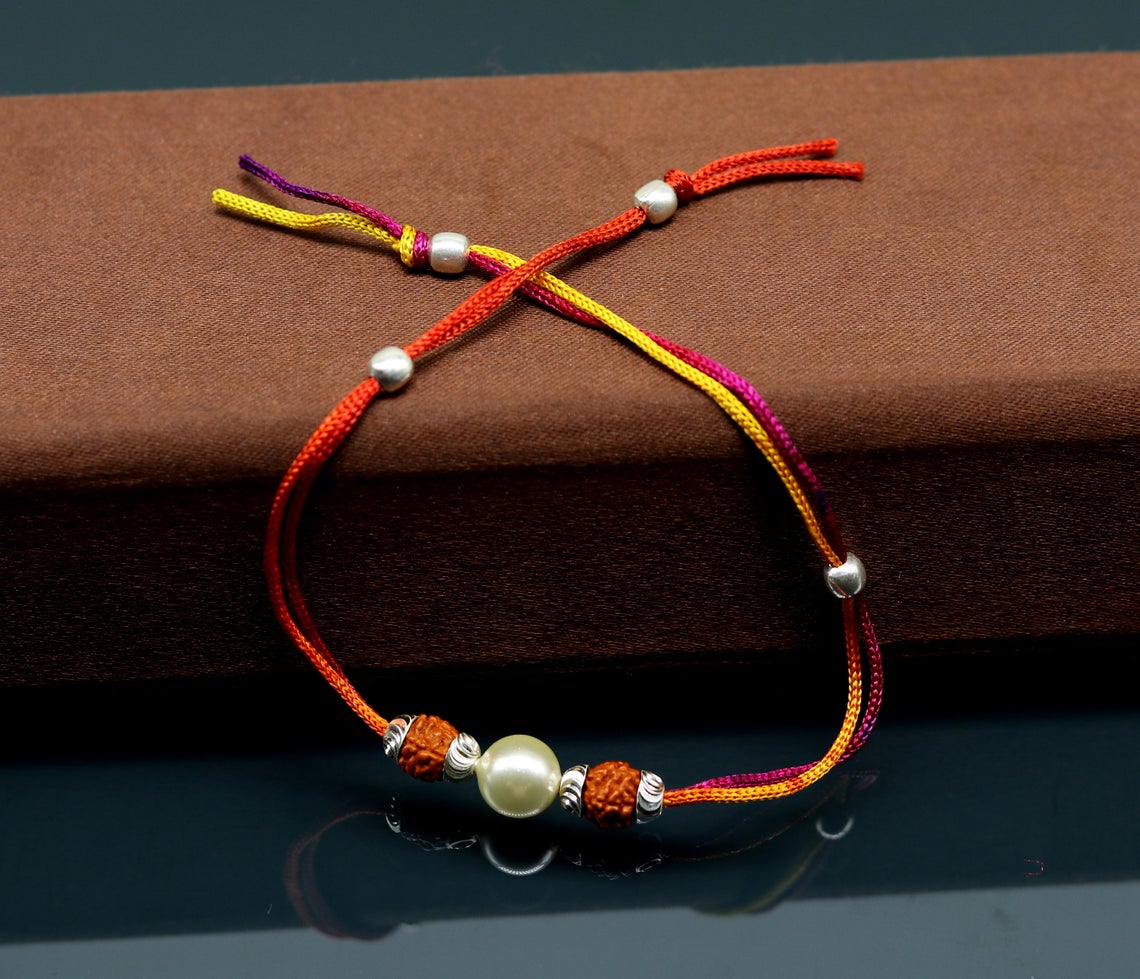 925 sterling silver custom design Rudraksha pearl Rakhi bracelet with gorgeous threads Best sibling rakhi for Festival Rakshabandhan rk138 - TRIBAL ORNAMENTS