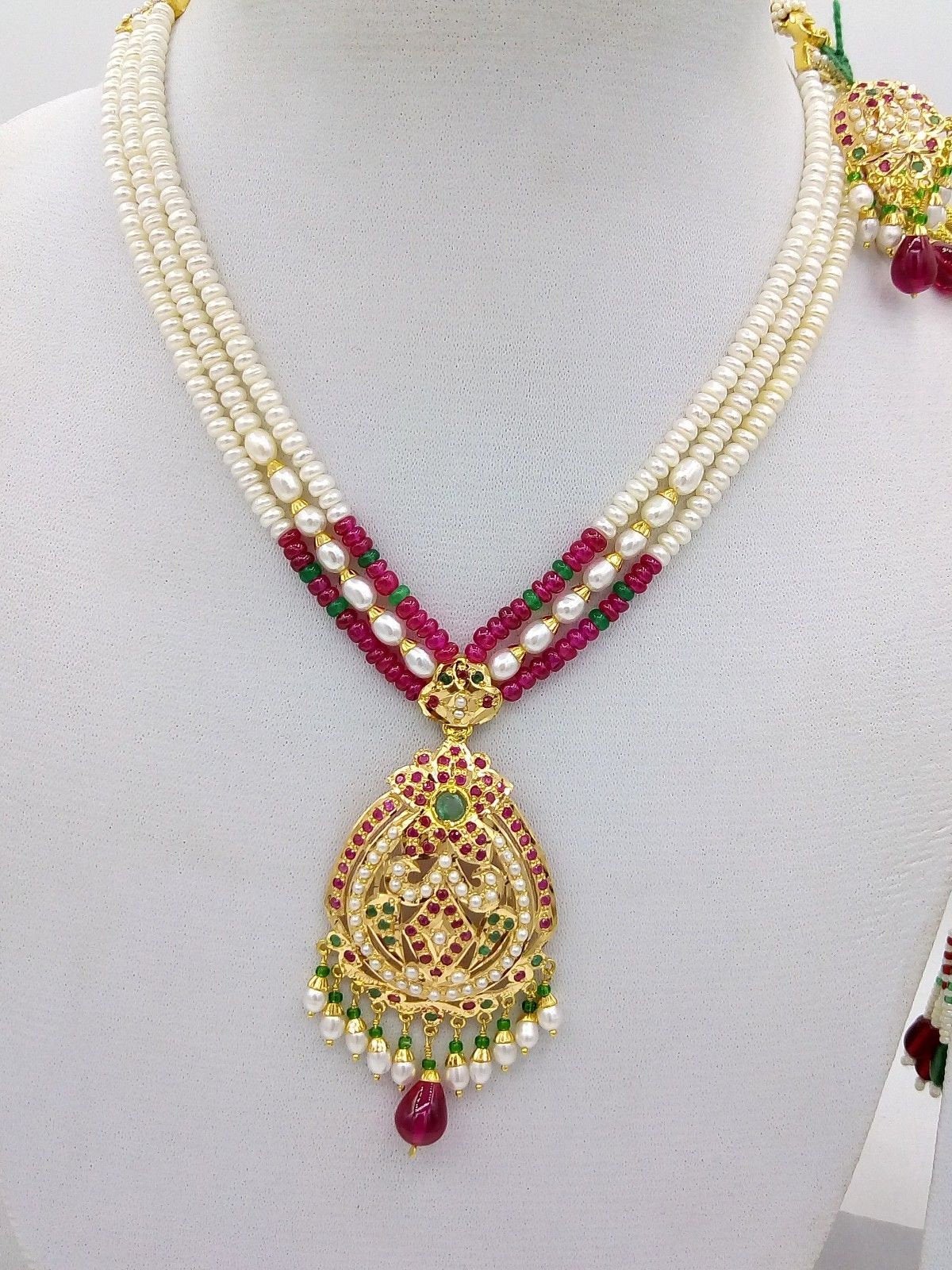 22k punjabi Earrings and 22k necklace india bridal wedding jewellery pearl set india emerald ruby - TRIBAL ORNAMENTS