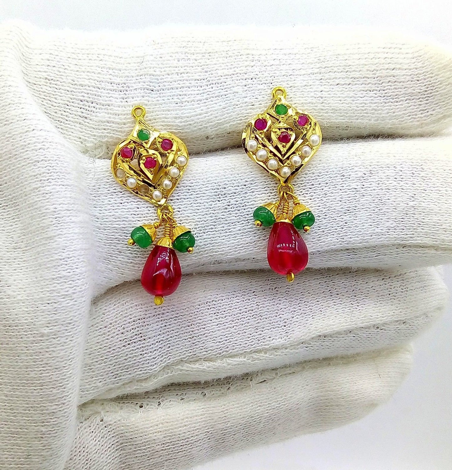 Bridal yellow gold 22k necklace india punjabi design pearl ruby emerald indian bollywood with Earrings - TRIBAL ORNAMENTS