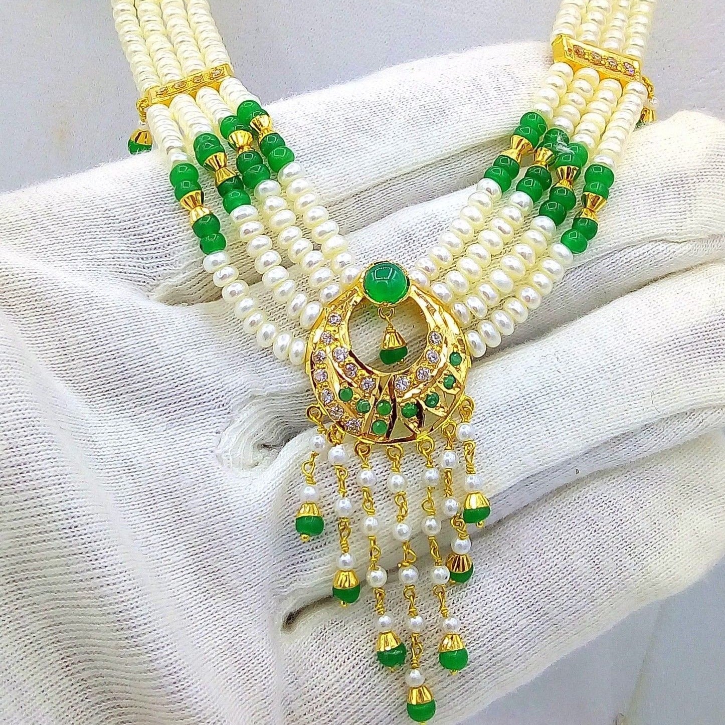 Muslim Pearl bead necklace 22k 22ct gold emerald color loose set with earrings green - TRIBAL ORNAMENTS