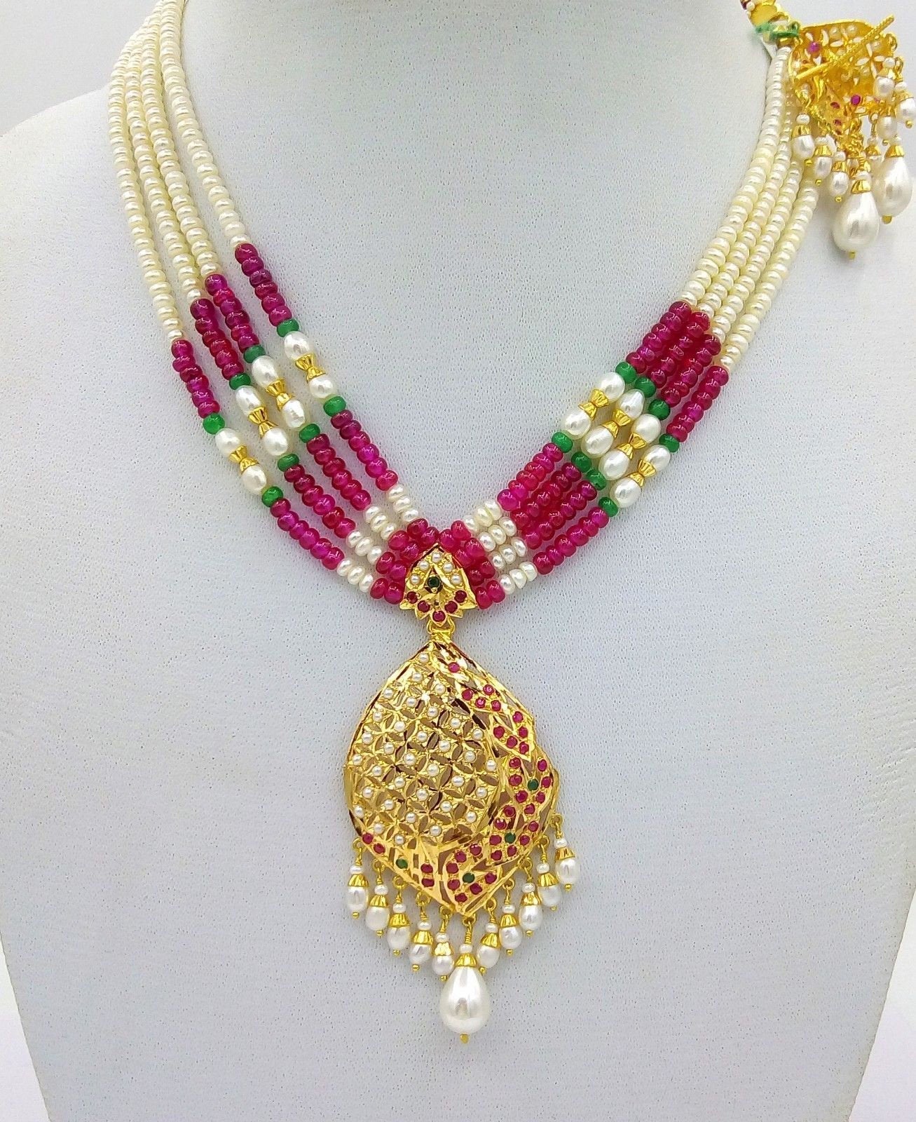 22k Necklace with 22k Earring set india beautiful gold pearl ruby by usa22k mothers day gift - TRIBAL ORNAMENTS