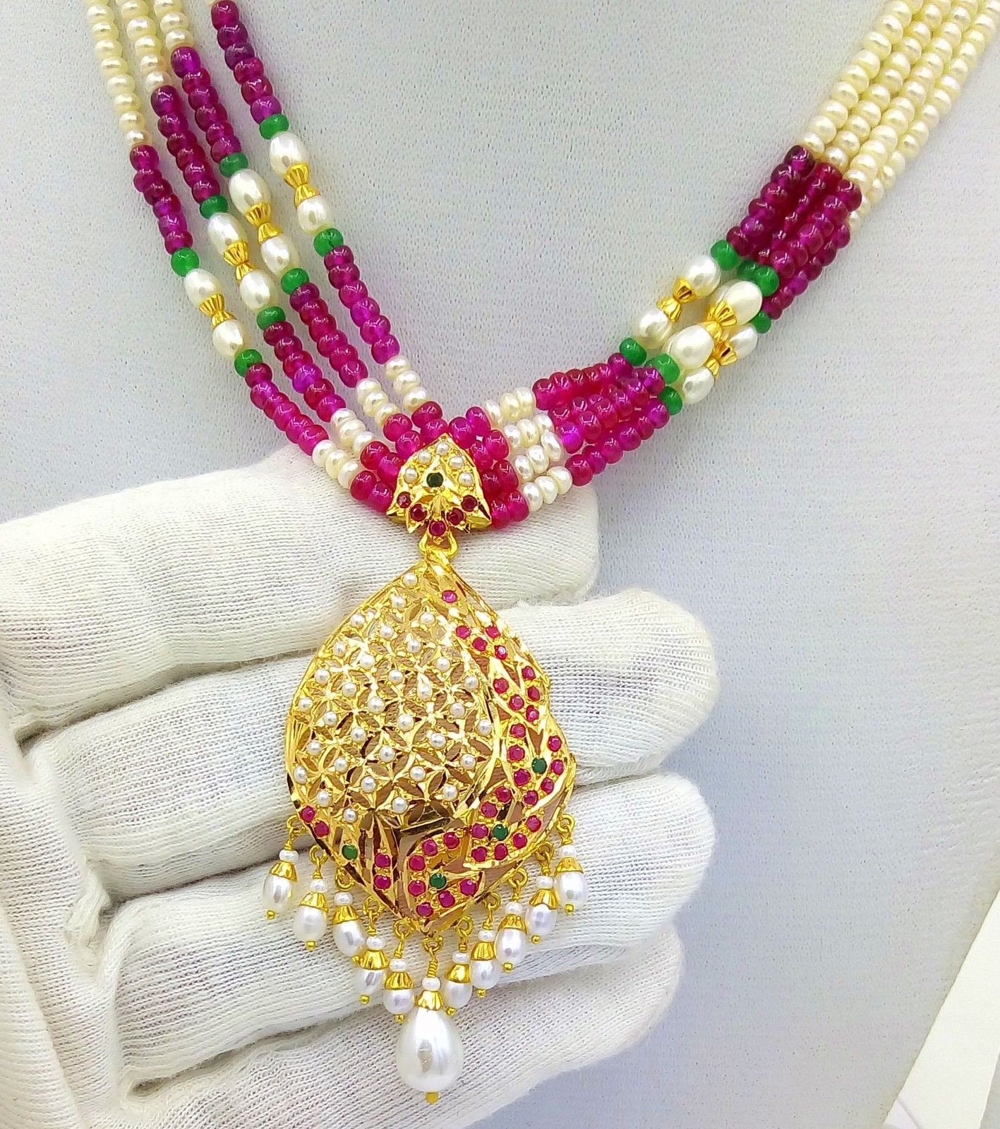 22k Necklace with 22k Earring set india beautiful gold pearl ruby by usa22k mothers day gift - TRIBAL ORNAMENTS