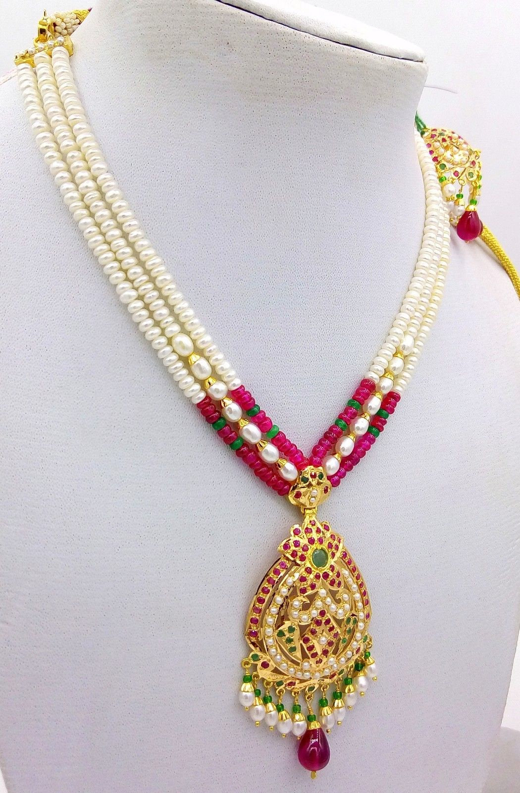 22k punjabi Earrings and 22k necklace india bridal wedding jewellery pearl set india emerald ruby - TRIBAL ORNAMENTS
