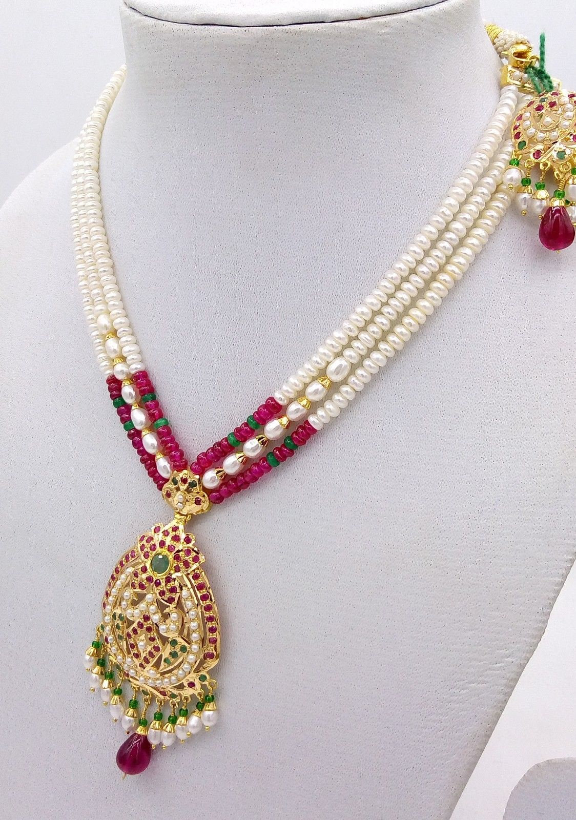22k punjabi Earrings and 22k necklace india bridal wedding jewellery pearl set india emerald ruby - TRIBAL ORNAMENTS