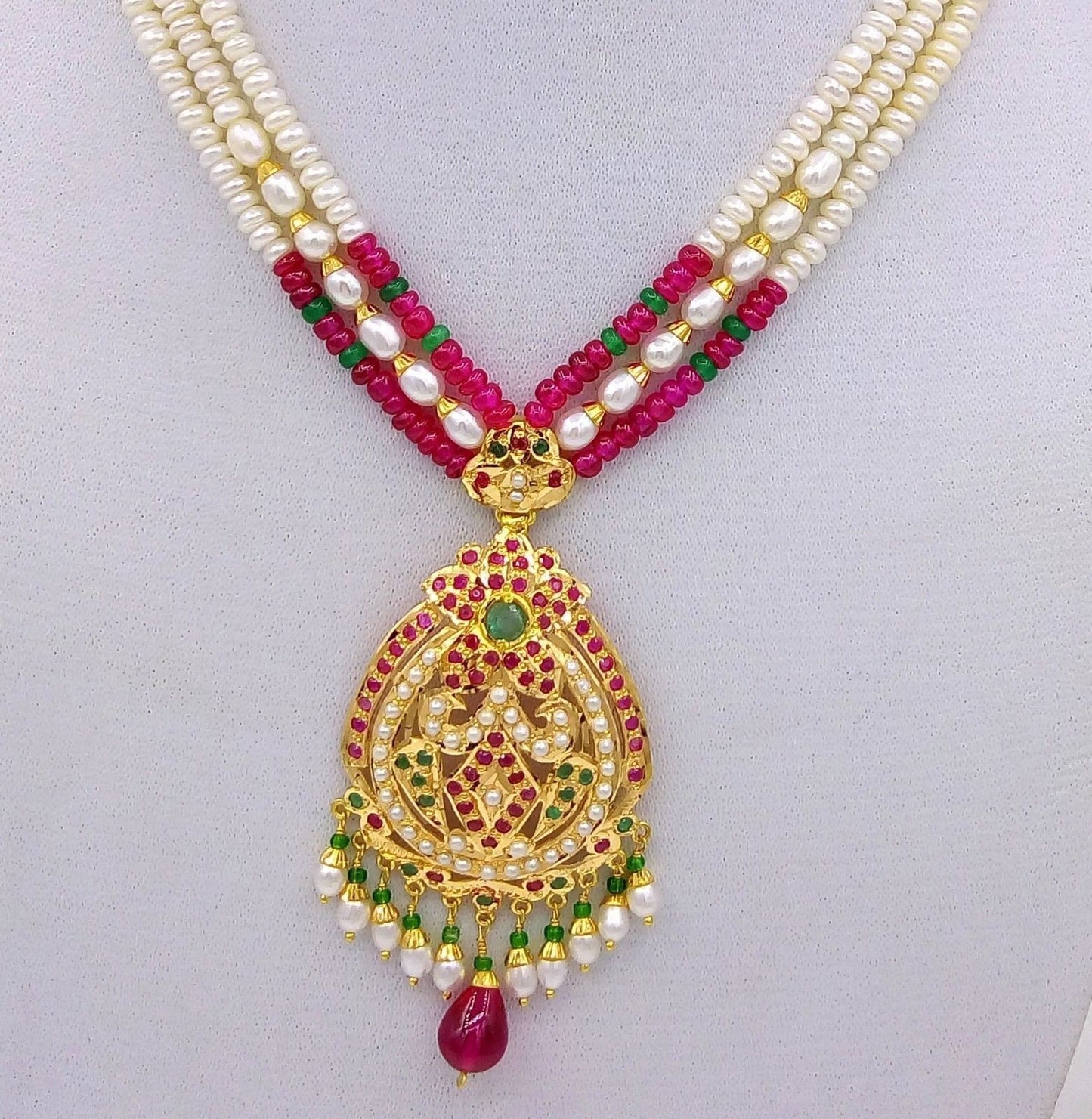 22k punjabi Earrings and 22k necklace india bridal wedding jewellery pearl set india emerald ruby - TRIBAL ORNAMENTS