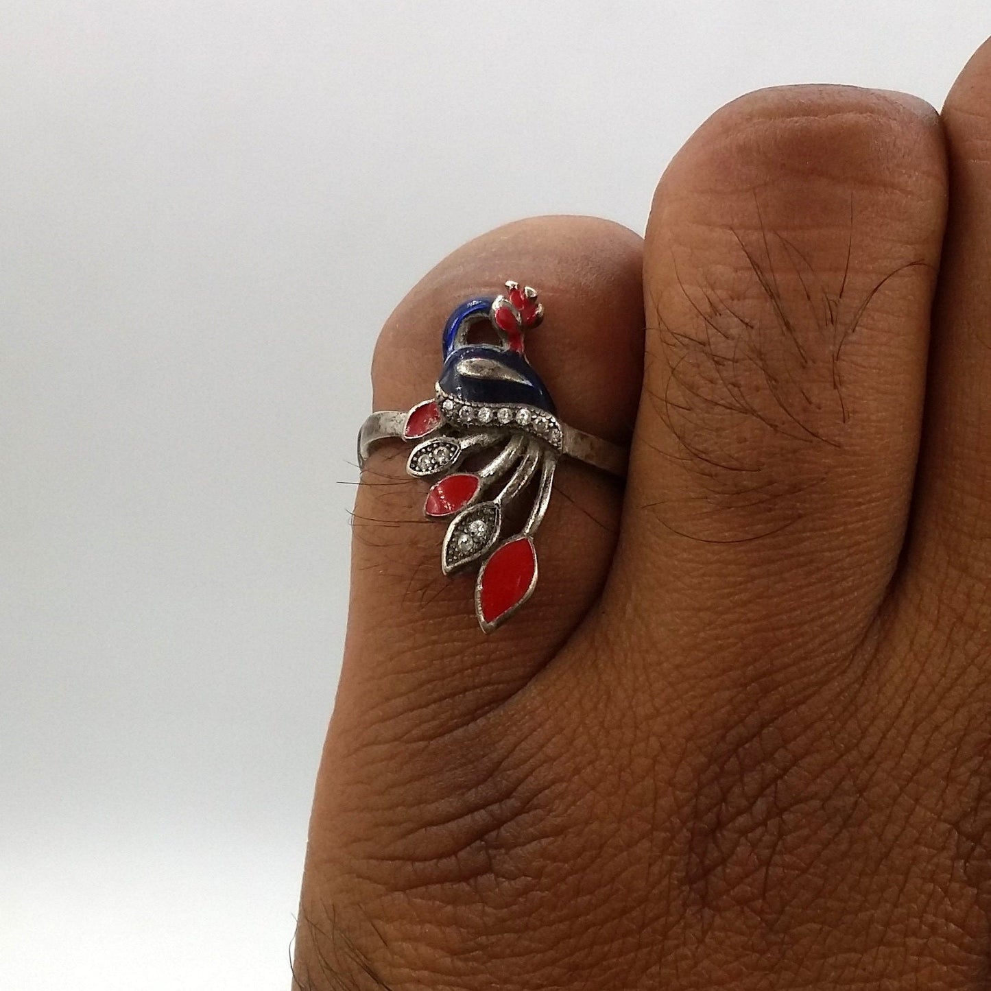 Vintage old silver handmade ring fabulous antique peacock design color enamel unisex ring band indian tribal jewelry r48 - TRIBAL ORNAMENTS