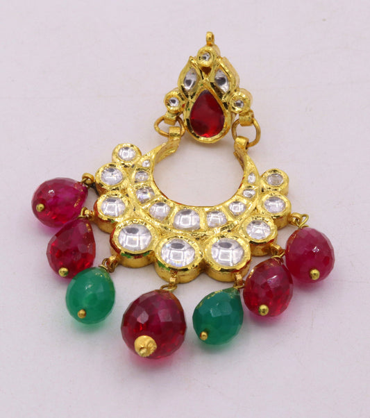 Traditional design 22k yellow gold handmade earring pair fabulous kundan jadau earring dangling with color stone women's jewelry - TRIBAL ORNAMENTS