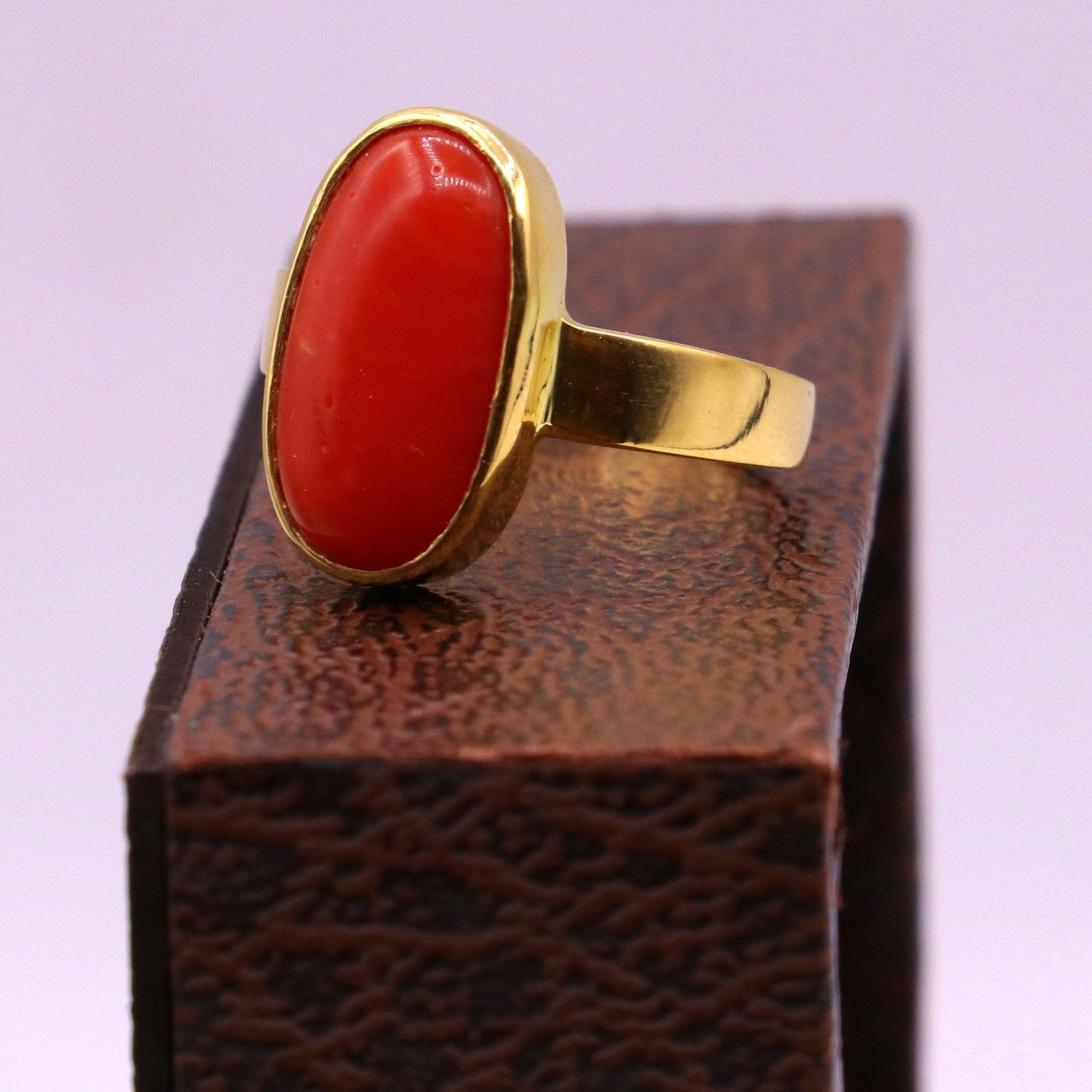 22karat yellow gold handmade real red coral stone unisex ring fabulous band from rajasthan india - TRIBAL ORNAMENTS