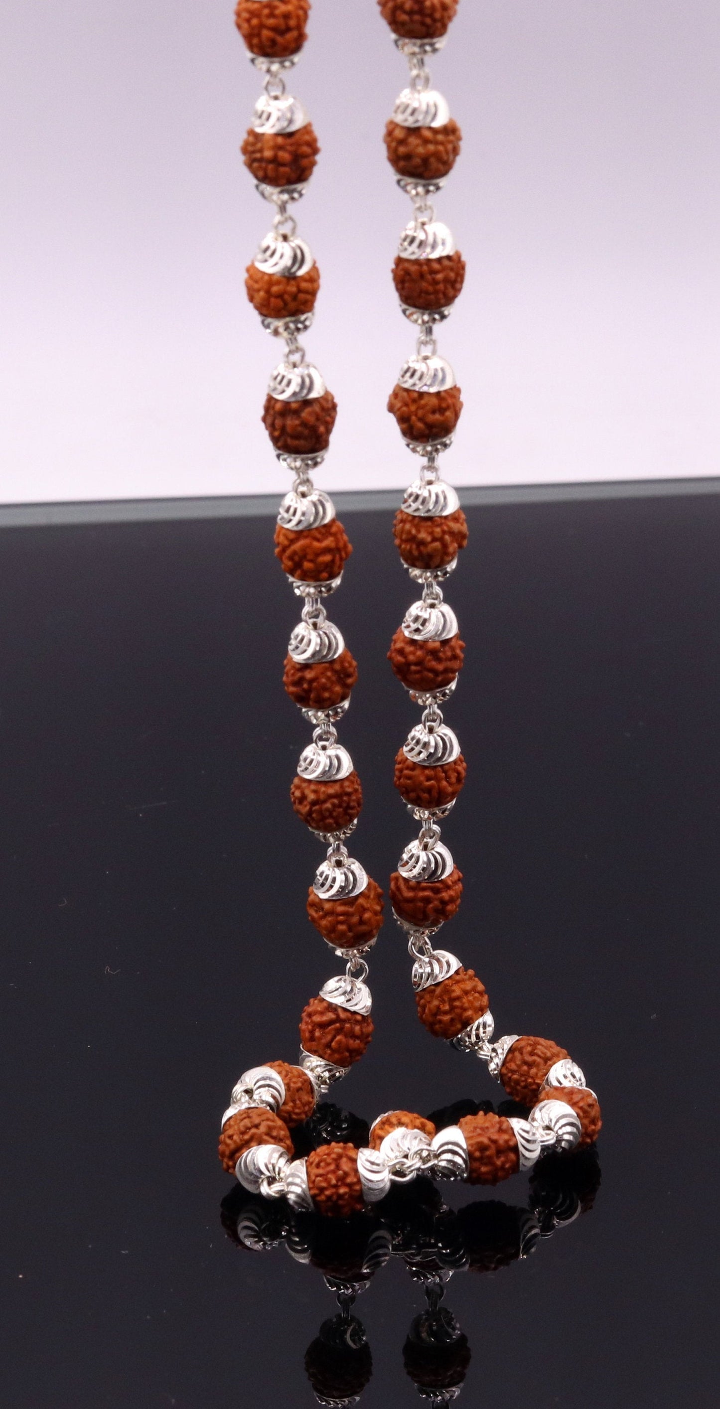 Handmade silver caps natural rudraksha bead chain necklace fabulous unisex silver jewelry awesome design - TRIBAL ORNAMENTS