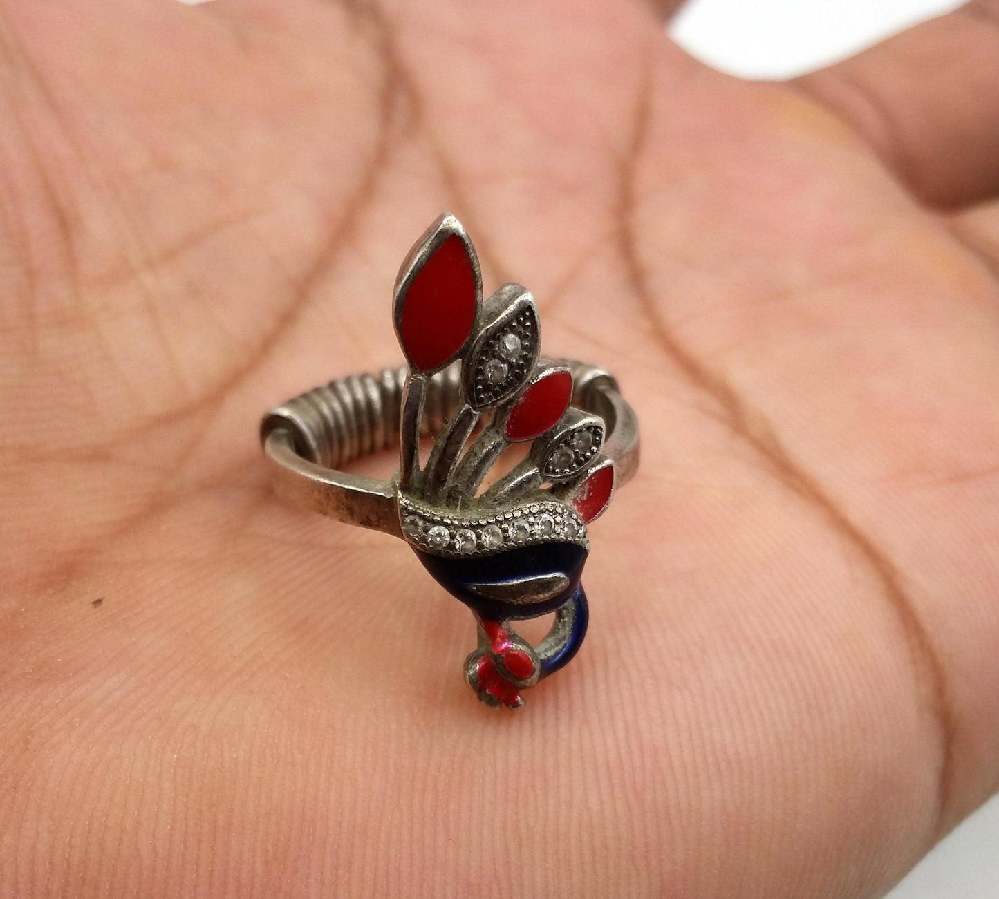 Vintage old silver handmade ring fabulous antique peacock design color enamel unisex ring band indian tribal jewelry r48 - TRIBAL ORNAMENTS