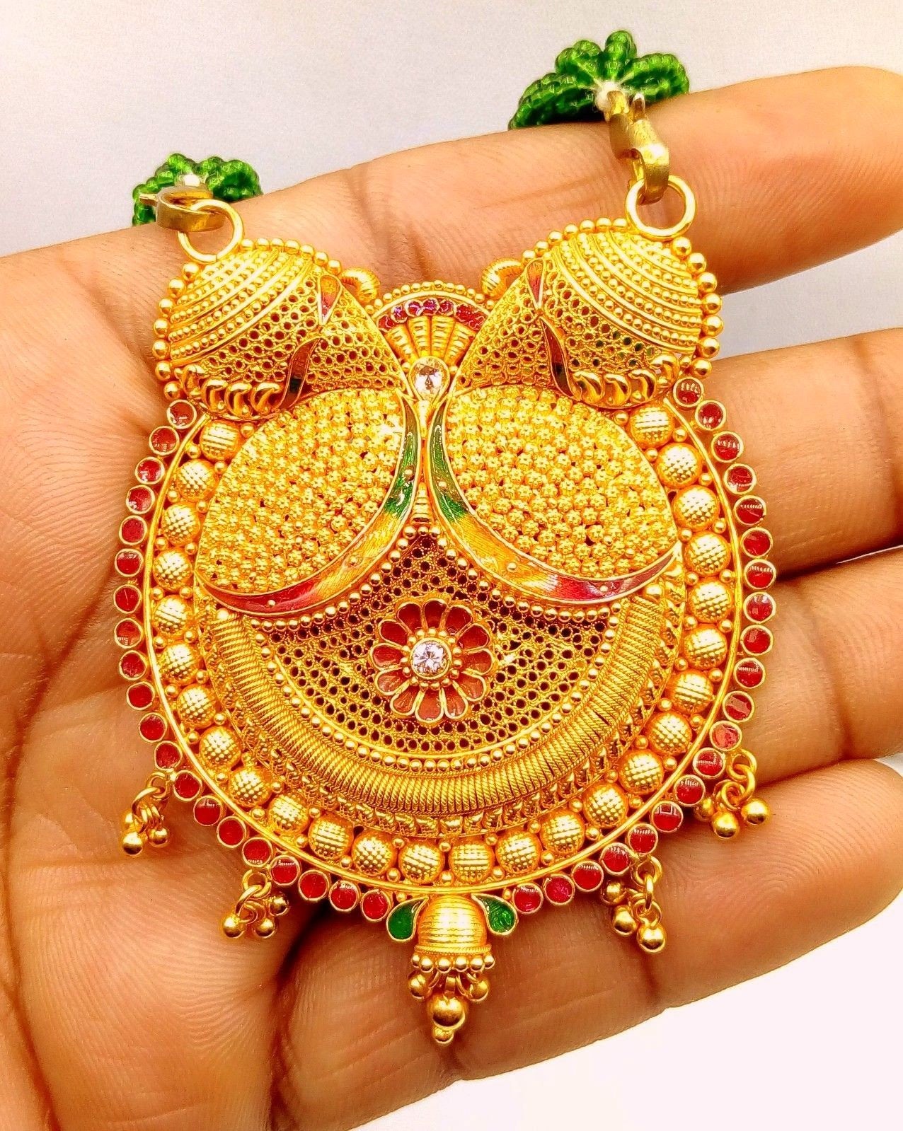 Vintage antique handmade 22k yellow gold filigree work fabulous pendant necklace with awesome meenakari (color enamel ) design mangalsutra - TRIBAL ORNAMENTS