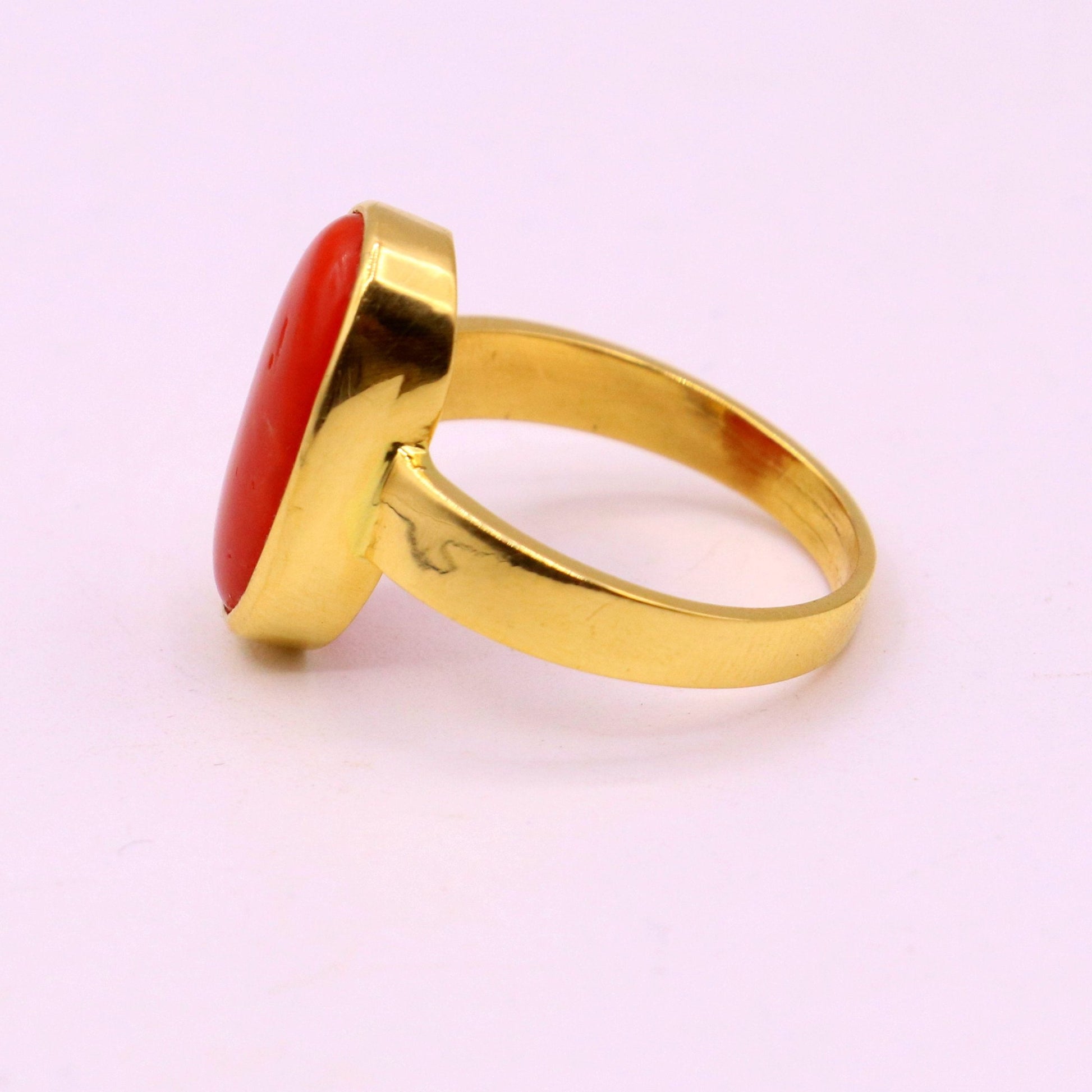 22karat yellow gold handmade real red coral stone unisex ring fabulous band from rajasthan india - TRIBAL ORNAMENTS