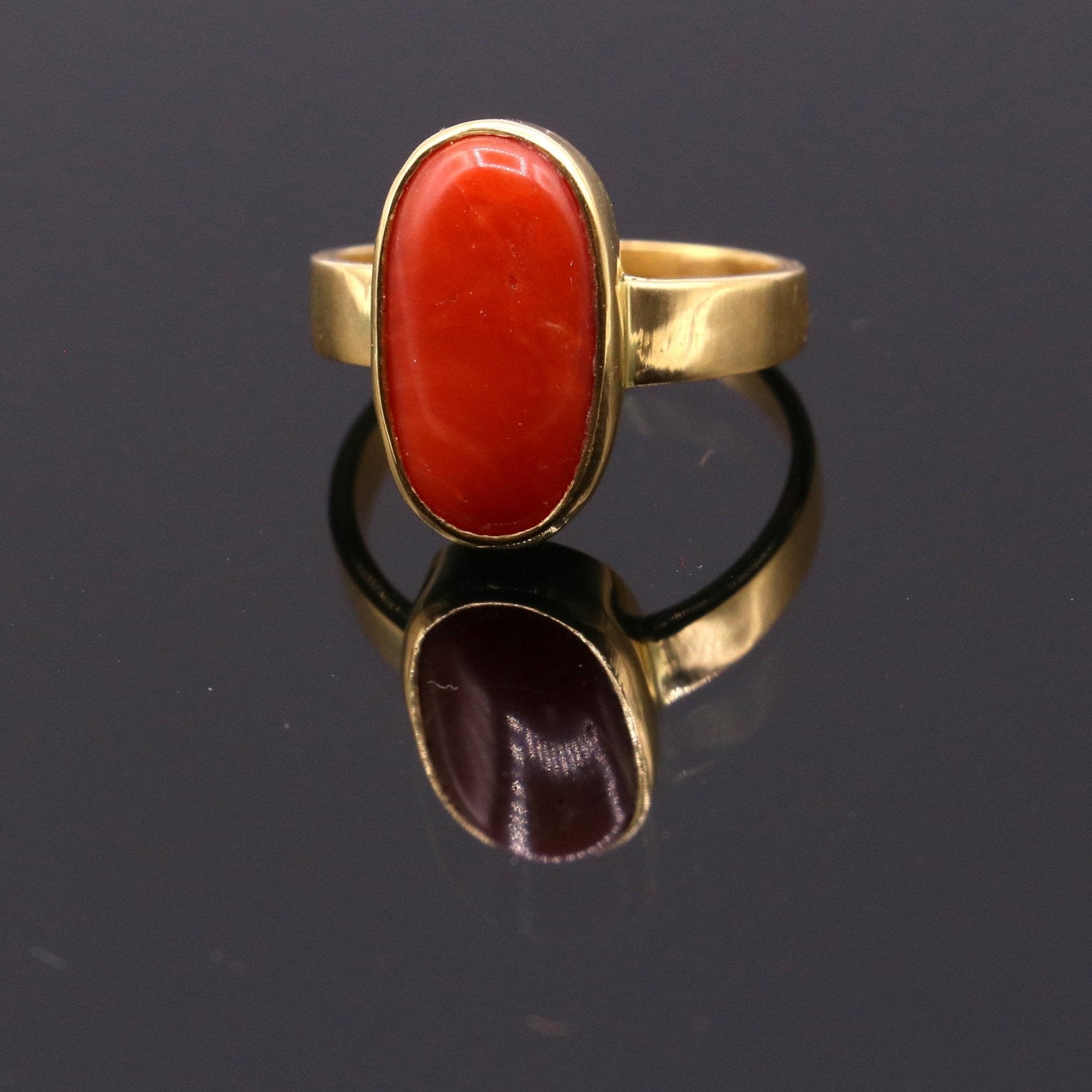 22karat yellow gold handmade real red coral stone unisex ring fabulous band from rajasthan india - TRIBAL ORNAMENTS
