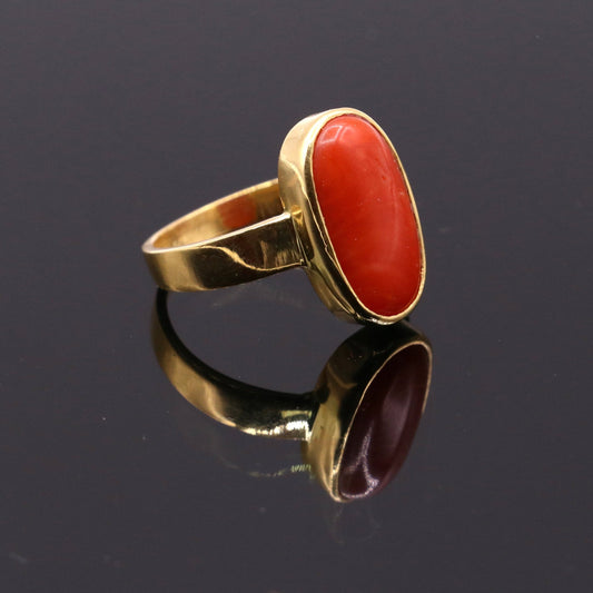 22karat yellow gold handmade real red coral stone unisex ring fabulous band from rajasthan india - TRIBAL ORNAMENTS