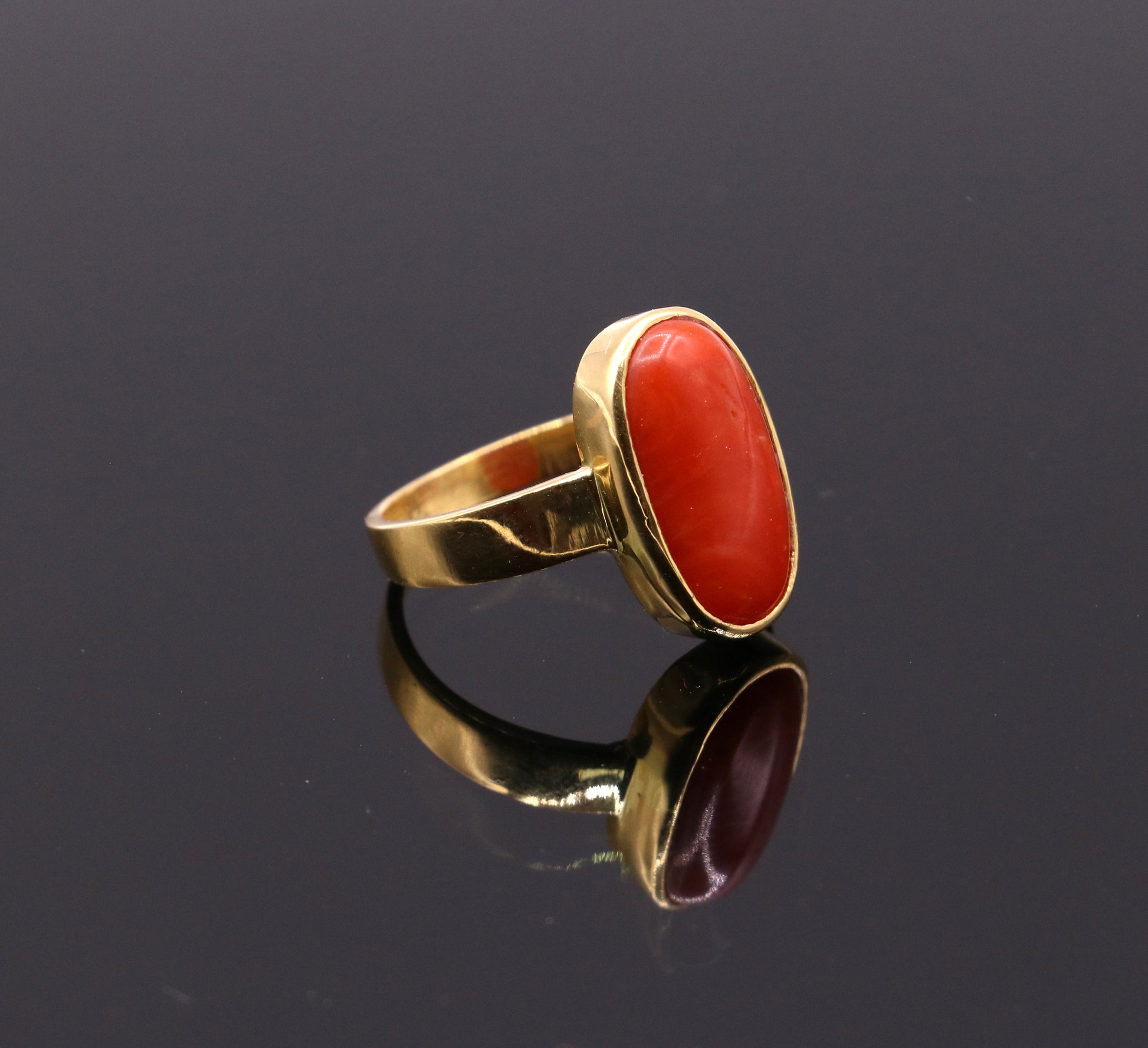 22karat yellow gold handmade real red coral stone unisex ring fabulous band from rajasthan india - TRIBAL ORNAMENTS