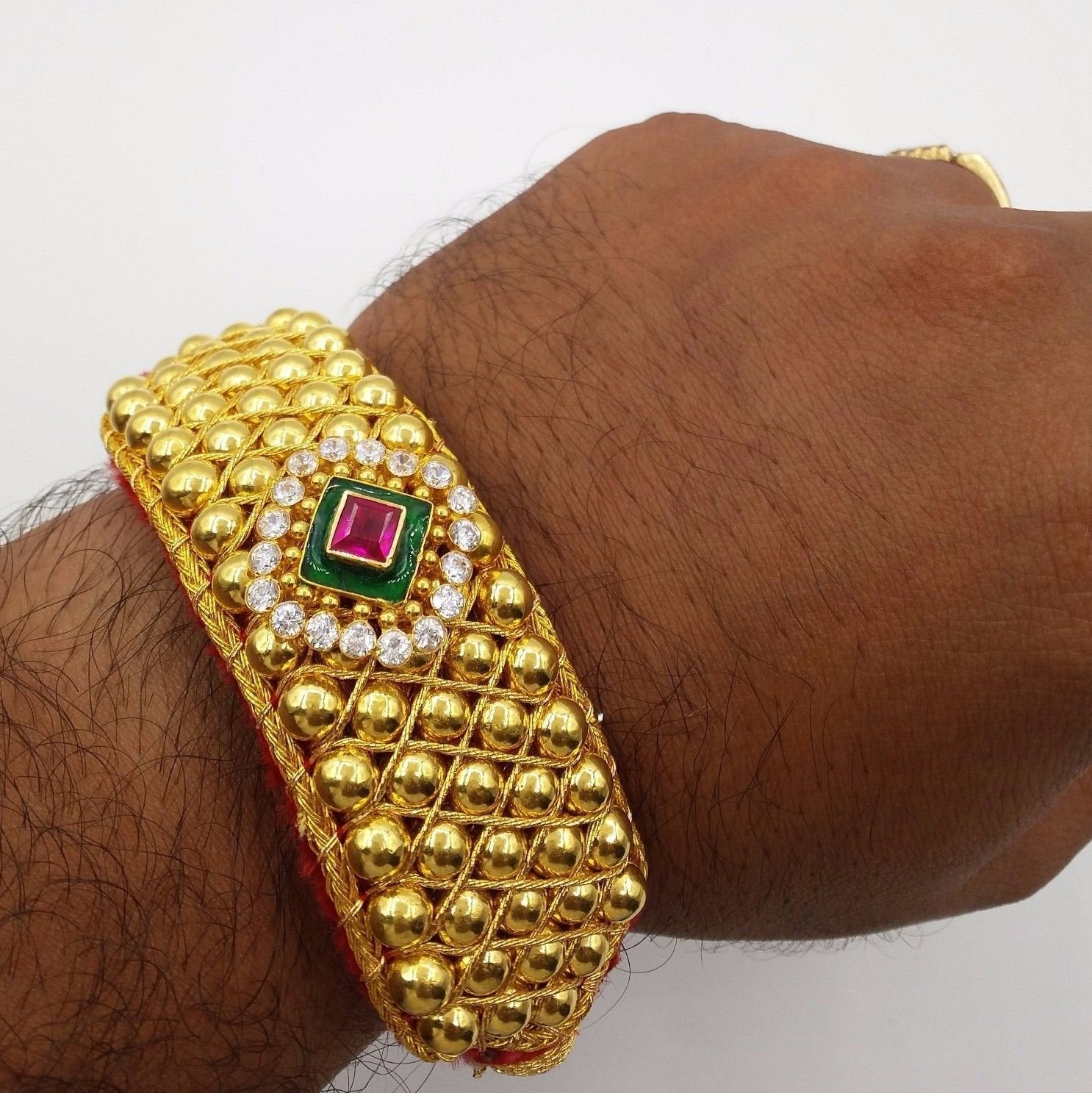 Vintage handmade 20k yellow gold beads ball handmade wrist bracelet cuff bracelet fabulous tribal wedding jewelry from rajasthan india - TRIBAL ORNAMENTS