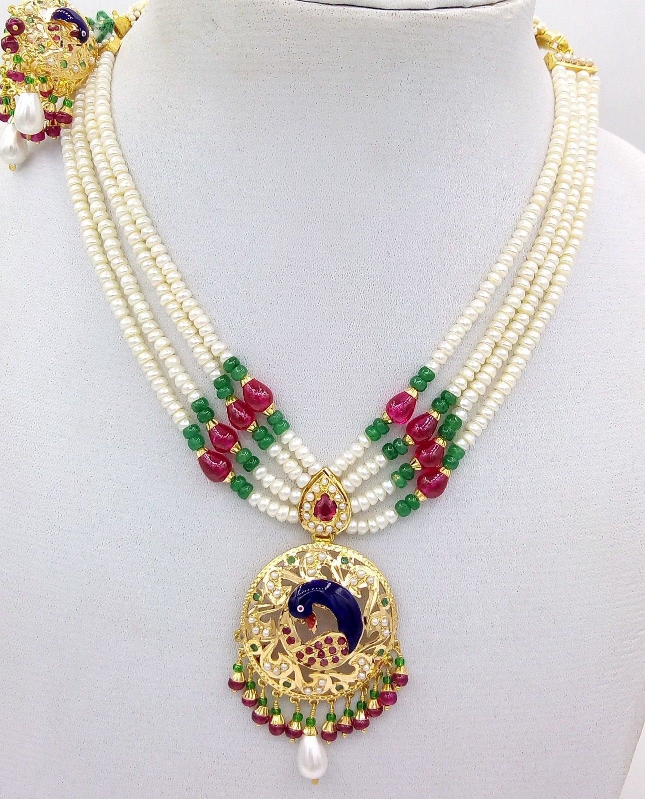 22k Peacock pearl necklace and Earrings beautiful enamel ruby emerald stones 916 hallmark - TRIBAL ORNAMENTS