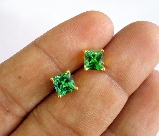 Handmade fabulous green square cubic zircon stone 22karat yellow gold stud earring pair for boys/girls - TRIBAL ORNAMENTS