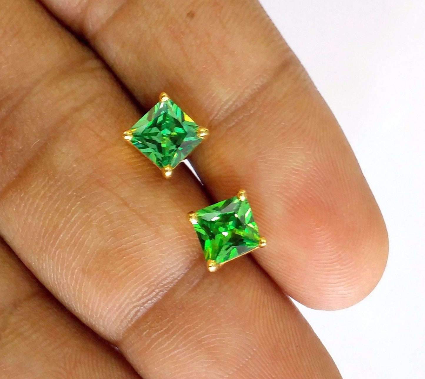 Handmade fabulous green square cubic zircon stone 22karat yellow gold stud earring pair for boys/girls - TRIBAL ORNAMENTS