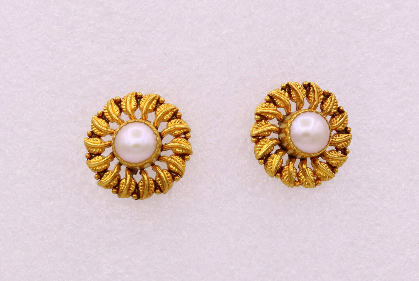 Vintage handmade tree leaf design handmade 22karat yellow gold stud earring with pearl tribal jewelry from rajasthan india er78 - TRIBAL ORNAMENTS