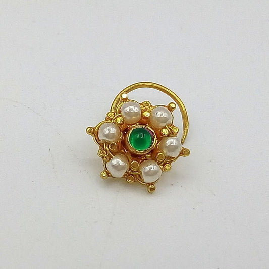 20k yellow gold handmade fabulous green stone pearl nose pin excellent antique vintage design tribal jewelry gnp20 - TRIBAL ORNAMENTS