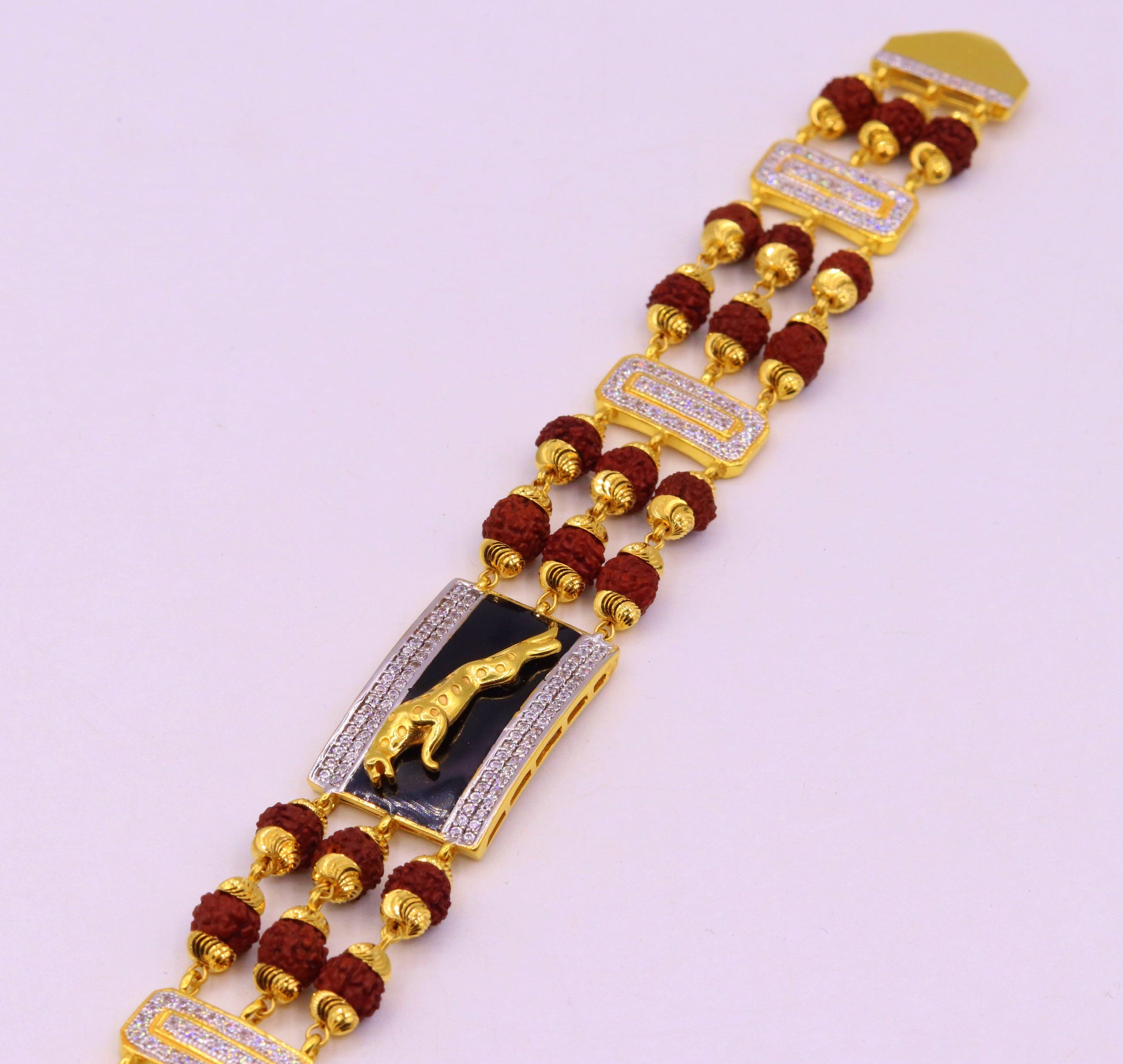 Genuine 22k yellow gold handmade top class natural rudraksha beads bracelet with fabulous tiger design men's jewelry - TRIBAL ORNAMENTS