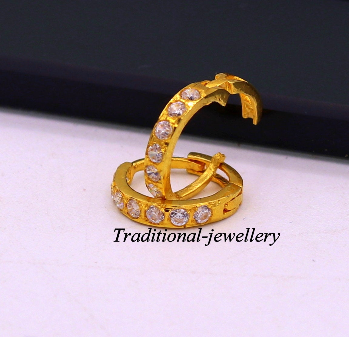 18kt yellow gold with fabulous cubic zircon stone handmade earrings hoops bali nose ring fabulous women's daily use jewelry - TRIBAL ORNAMENTS