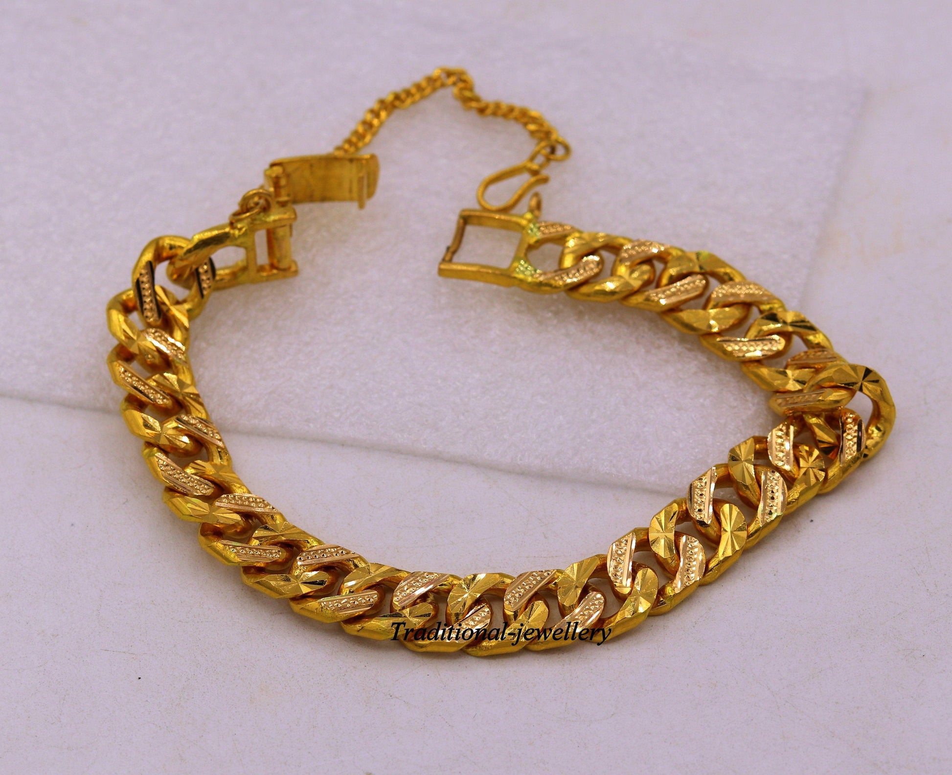 Authentic 22kt yellow gold handmade solid gold curb cuban link chain bracelet fabulous diamond cut design men's jewelry br21 - TRIBAL ORNAMENTS