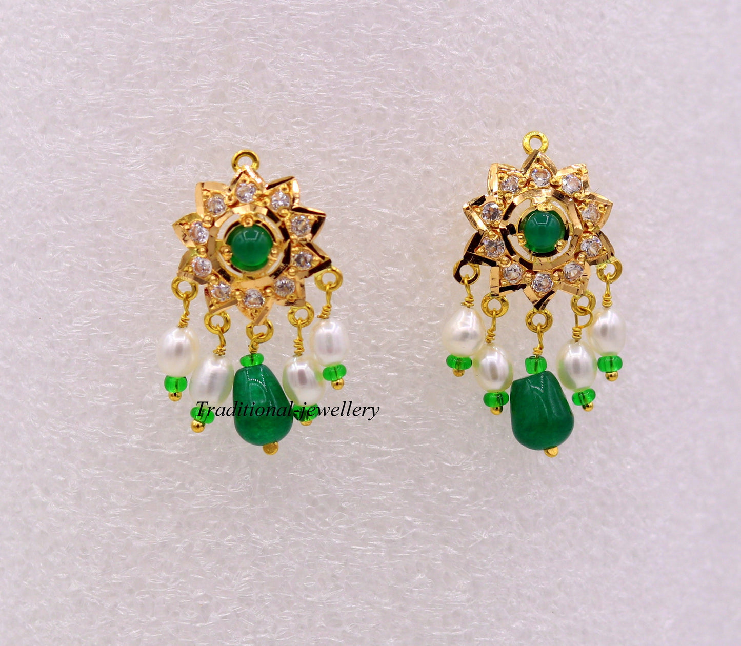 22k yellow gold handmade gorgeous green stone and pearl dangling set bridal wedding anniversary jewelry - TRIBAL ORNAMENTS