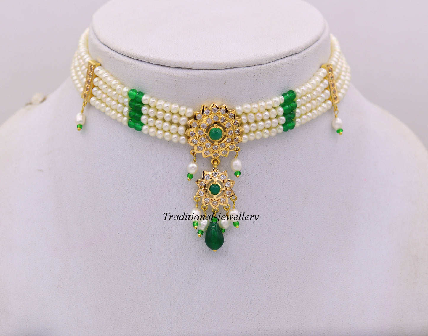 22k yellow gold handmade gorgeous green stone and pearl dangling set bridal wedding anniversary jewelry - TRIBAL ORNAMENTS