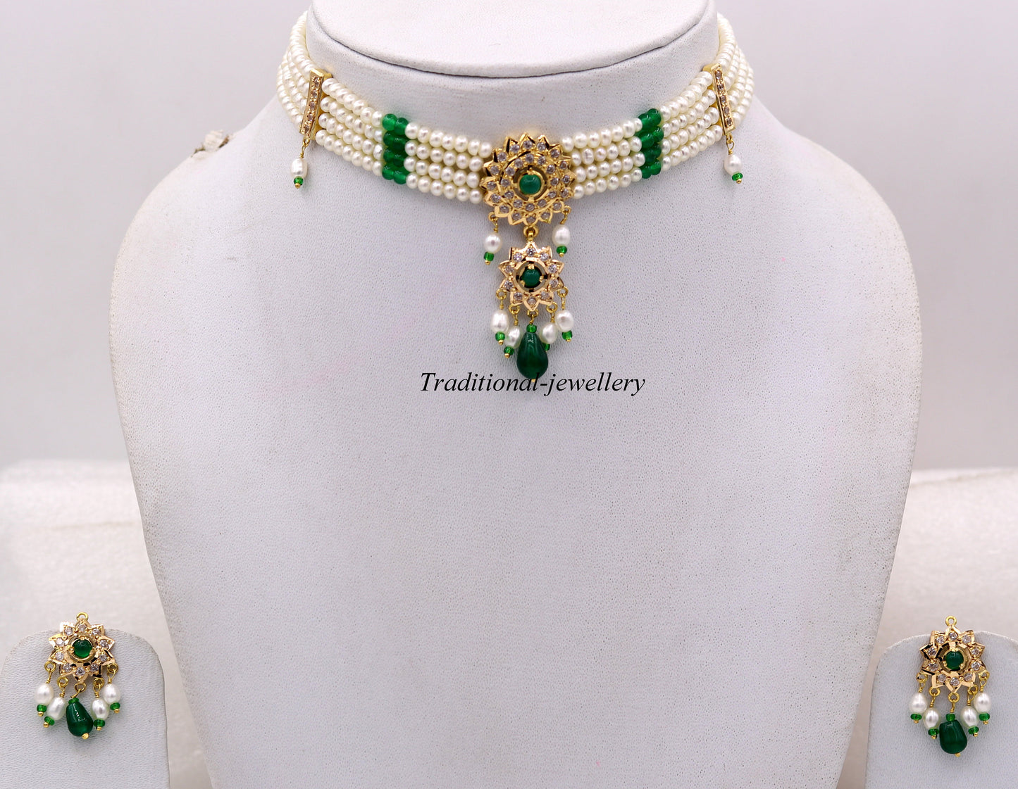 22k yellow gold handmade gorgeous green stone and pearl dangling set bridal wedding anniversary jewelry - TRIBAL ORNAMENTS