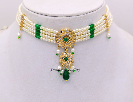 22k yellow gold handmade gorgeous green stone and pearl dangling set bridal wedding anniversary jewelry - TRIBAL ORNAMENTS