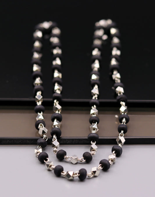 925 Silver handcrafted Black Basil rosary beads with silver beads necklace chain tulsi mala use in Ayurveda feel protected and focused ch20 - TRIBAL ORNAMENTS