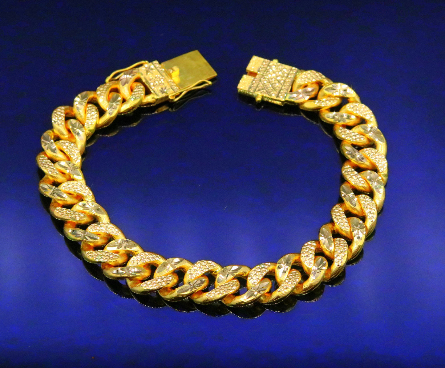22k yellow gold solid link chain bracelet with fabulous diamond cut design unique locking system men's heavy bracelet gifting jewelry - TRIBAL ORNAMENTS
