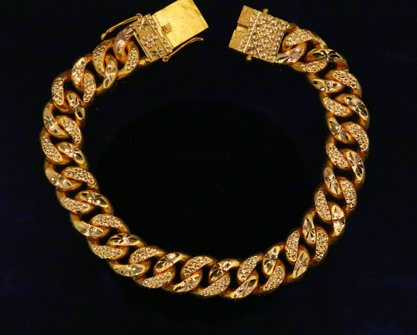 22k yellow gold solid link chain bracelet with fabulous diamond cut design unique locking system men's heavy bracelet gifting jewelry - TRIBAL ORNAMENTS