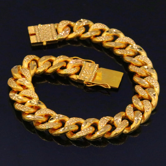 22k yellow gold solid link chain bracelet with fabulous diamond cut design unique locking system men's heavy bracelet gifting jewelry - TRIBAL ORNAMENTS